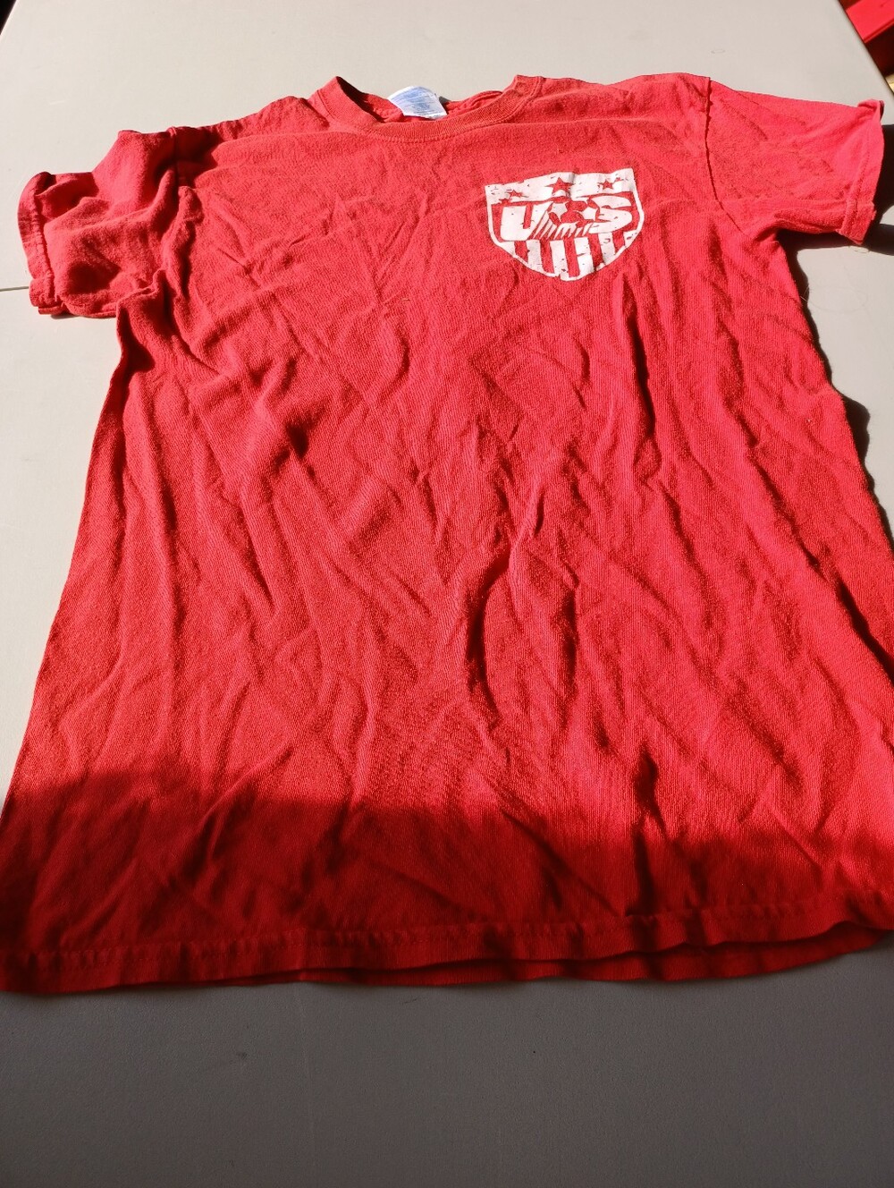 Gildan Red Short Sleeve Tee with White Shield Pocket Graphic